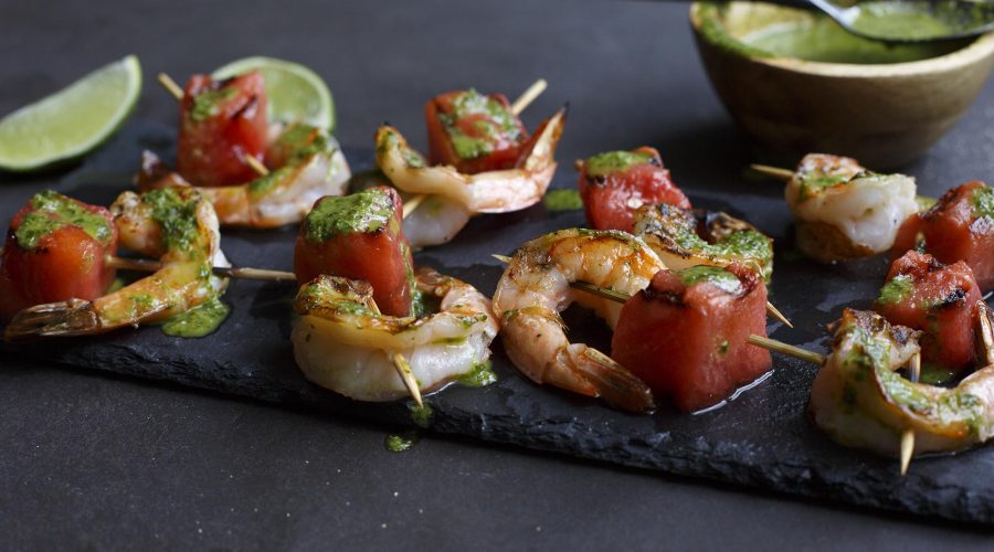 Grilled Watermelon and Shrimp Skewers