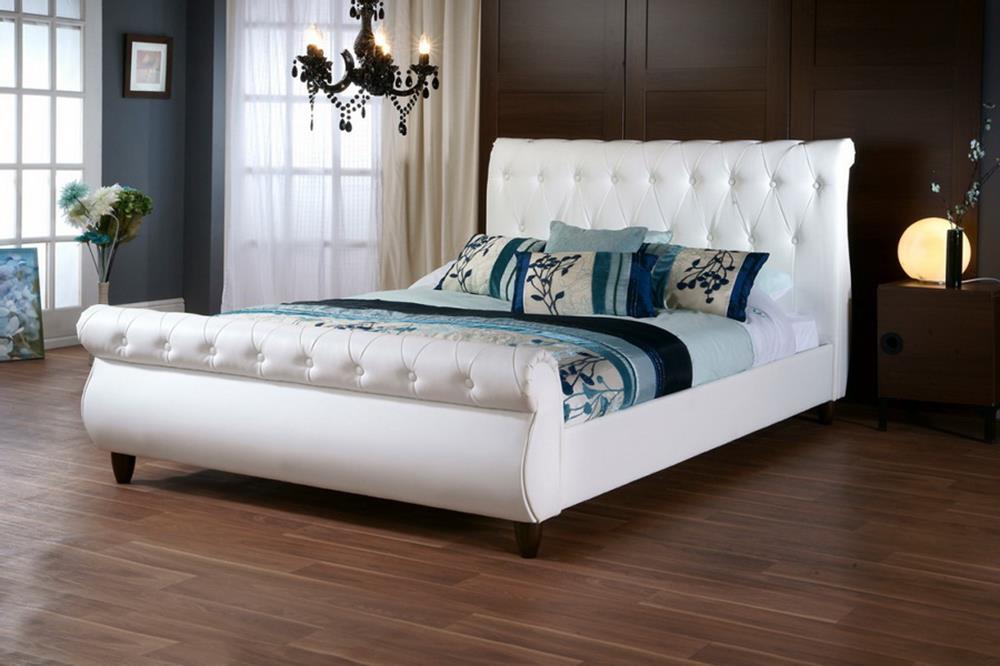 Baxton Studio Ashenhurst White Modern Sleigh Bed with Upholstered Headboard - Full Size
